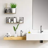 Famanu - Industrieel wandrek set van 2, hout en zwart metaal, 45x12 cm en 30x12 cm