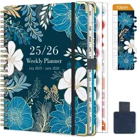 Famanu Agenda 2025 2026 Spiral Weekagenda Juli 2025 - Juni 2026 (12 maanden) A5 Schoolagenda met Penlus, Liniaal Bladwijzer & Planningsstickers (Blauw en wit)