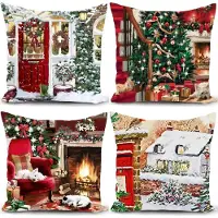 Famanu - Kerst kussenhoes kerst kussensloop kerst decoratieve set van 4 winter sierkussenhoezen kerst cadeau kussenhoes woonkamer sofa 40x40cm
