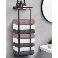 Famanu - Handdoekenrek Zonder Boren, Handdoekstang 81CM Verstelbare Paal 41-72CM Stabiele Wandgemonteerde Handdoekhouder Badkamer Zwart et Plankhaken (Zwart)