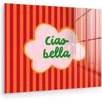 MuchoWow Glasschilderij 160x120 cm - Schilderij acrylglas - Ciao bella - Tekstwolk - Strepen - Oranje - Foto op glas - Muurdecoratie woonkamer - Wanddecoratie slaapkamer - Schilderijen