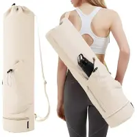 Famanu Yogatas tas groot, met verstelbare schouderband, Pilates tas met vakken voor fles en natte kleding, beige