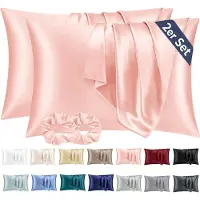 Famanu – 2 Satijn Kussensloop Roze - zo Zacht als Zijden Kussensloop -Goed voor haar en huid Envelopsluiting met 2 Haarbandjes