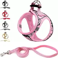 Famanu – Hondentuig Kleine honden met riem - anti-trektuig Reflecterend ademend borsttuig - puppytuig voor kleine - middelgrote honden (M - Roze geruit)