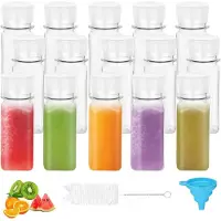 Famanu - Set van 12 plastic flessen 60 ml met lekvrije dop en trechter, geschikt voor sap en smoothie – Transparant