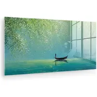 MuchoWow Glasschilderij 120x60 cm - Schilderij acrylglas - Bootje - Water - Bladeren - Bloesems - Foto op glas - Muurdecoratie woonkamer - Wanddecoratie slaapkamer - Schilderijen