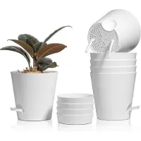 Famanu - Set van 6 ronde kunststof bloempotten met bewateringssysteem wit