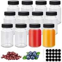Famanu - Set van 12 doorzichtige glazen flesjes 60 ml met deksel, etiketten en pen, ideaal voor sap en gember – Transparant