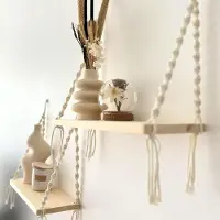 Famanu - 2-Delige Houten Wandplank met Macramé Touw voor Boho Woondecoratie in Slaapkamer, Badkamer of Kinderkamer
