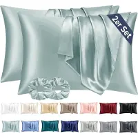 Famanu - Satijnen kussenslopen 40x80 cm lichtgroen set 2, zijdeachtig zacht voor haar en huid, envelopsluiting met 2 haarbandjes