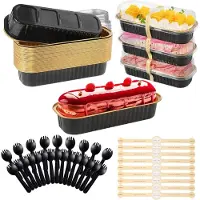 Famanu - 30 Kleine Brood en Taartvormpjes Met Deksels en Lepels 200Ml Rechthoekige Bakvormpjes Van Aluminiumfolie Herbruikbare Cupcakevormpjes Broodvormpjes Voor Taart Bruiloft Verjaardag Zwart