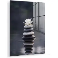 MuchoWow Glasschilderij 90x120 cm - Schilderij acrylglas - Stenen - Lotus - Grijs - Foto op glas - Muurdecoratie woonkamer - Wanddecoratie slaapkamer - Schilderijen