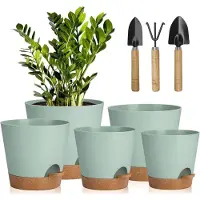 Famanu Bloempotten, 5 stuks, kunststof, met irrigatiesysteem, 17,8/16,5/15,2/13,9/12,7 cm, zelfbewatering, met onderzetter, rond, voor binnen, balkon, tuin, planten, vetplanten, cactussen, groen