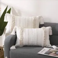 Famanu – Boho corduroy ribfluweel kussenhoezen set van 2 (30x50 cm) – rechthoek met kwastjes – decoratieve sierkussenhoezen – beige