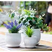 Famanu - Set van 3 moderne keramische bloempotten met strepen wit