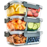 Famanu - Glazen meal prep containers met 2 compartimenten en luchtdichte kliksluiting deksels - portie controle voedsel vershoudbak - bpa vrij - magnetron, vriezer en vaatwasserbestendig [3 stuks]