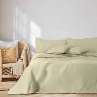 Markenlos Sprei 240x260 cm, beige, met pompons - dubbelzijdig met ultrasoon genaaide naden