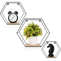 Famanu - set van 3 zeshoekige wandplanken zwart metaal | Zwevende planken met bijpassende zwarte schroeven | Decoratieve hangplank voor slaapkamer, woonkamer, kantoor incl. bevestigingsmateriaal