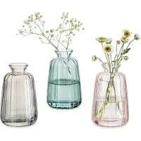 Famanu – Glazen Vazen Voor Bloemen Kleine Vaas Voor Tafeldecoratie - 3 - Delige Vintage Knopvazen Gekleurde Geribbelde Minivaasset Voor Kawaii Woonkamer Decor Slaapkamer Bruiloft Centerpieces