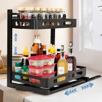 Famanu – Onderkast organizer keuken 2 niveaus uittrekbaar en in hoogte verstelbaar rek voor onder de gootsteen ideaal voor schoonmaakmiddelen badkamer en voorraadkast zwart