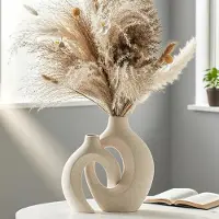 Famanu – Keramische Vaas - set van 2 Holle Beige Moderne Vazen ​​Voor Scandinavisch - Vaasdecoratie - Esthetische Boho Bloemenvaas Voor Thuis - Woonkamer - Kantoor - Boerderij - Salontafel Decoratie