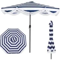 Costway Boho parasol, 270 cm tuinparasol met draaihendel, 30° kantelbaar aan beide zijden, balkonparasol met franjes, terrasparasol, marktparasol voor tuin, balkon, terras, blauw-wit gestreept