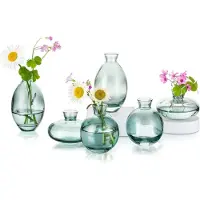 Famanu – Glazen vaasjes set van 6, groen vintage design, kleine bloemenvazen voor tafeldecoratie, woonkamer en bruiloften