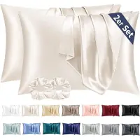Famanu – 2 Satijn Kussensloop Beige - zo Zacht als Zijden Kussensloop -Goed voor haar en huid Envelopsluiting met 2 Haarbandjes