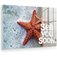 MuchoWow Glasschilderij 60x40 cm - Schilderij acrylglas - Sea you soon - Zeester - Zee - Foto op glas - Muurdecoratie woonkamer - Wanddecoratie slaapkamer - Schilderijen