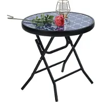 Famanu – Inklapbare ronde bijzettafel van metaal met glas - tuintafel - koffietafel - klein - balkontafel - weerbestendig - onderhoudsvriendelijk