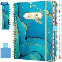 Famanu Agenda 2025 2026 Spiral Weekagenda Juli 2025 - Juni 2026 (12 maanden) A5 Schoolagenda met Penlus, Liniaal Bladwijzer & Planningsstickers (Blauw)