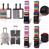 Famanu – Kofferriem met cijferslot + 2 stuks kofferhangers met adreslabel - 200 x 5 cm - instelbaar - antislip - bagageriem - bagageriem met voor koffer - riem - kofferriemen