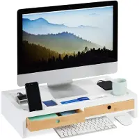 Famanu – Monitorstandaard met opberglades - beeldschermverhoger - bamboe & mdf - 2 lades - 9 vakken - 11x58,5x32,5 cm - wit