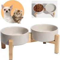 Famanu - Dubbele keramische hondenbakset met antislip bamboehouder, verhoogde hondenbak voor voer en water, kommen voor katten en kleine honden, 2 x 480 ml – Grijs