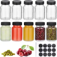 Famanu - Set van 10 glazen flesjes 60 ml met deksel, etiketten en brede mond, herbruikbare flesjes voor sap, olie of melk – Transparant