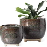 Famanu - Keramische Plantenpotten, 12 + 16 cm Voetpotten voor Planten, Moderne Bloempotten voor Thuis en Op Kantoor, Binnenplantenbakken met Afvoer, Reactief Glazuur, Zwart