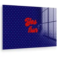 MuchoWow Glasschilderij 180x120 cm - Schilderij acrylglas - Yes fun - Rood - Blauw - Stippen - Foto op glas - Muurdecoratie woonkamer - Wanddecoratie slaapkamer - Schilderijen