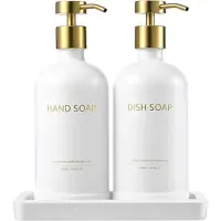 Famanu – Glazen pompflessen set van 2 – 500 ml – zeepdispenser/wasvloeistofdispenser – met lade – wit met gouden pomp