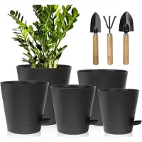 Famanu - Bloempotten, kunststof, met irrigatiesysteem, 17,8/16,5/15,2/13,9/12,7 cm, zelfbewatering, met onderzetter, rond, voor binnen, balkon, tuin, planten, vetplanten, cactussen, zwart