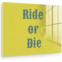 MuchoWow Glasschilderij 120x90 cm - Schilderij acrylglas - Ride or die - Geel - Blauw - Foto op glas - Muurdecoratie woonkamer - Wanddecoratie slaapkamer - Schilderijen