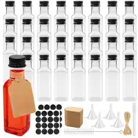 Famanu - 32 Stuks Kleine plastic flessen 50 ml, herbruikbare mini-likeurflessen met hanglabel en trechter, ideaal voor feesten en bruiloften – Transparant