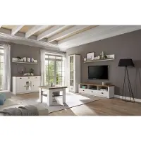 IMV Landhuis-stijl wandmeubel, mediawand, wandmeubel voor de woonkamer, 210 cm, grenen, wit, licht eikenhout