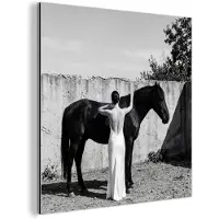MuchoWow Aluminium schilderij 20x20 cm - Wanddecoratie metaal - Vrouw - Paard - Artistiek - Metalen muurdecoratie woonkamer - Decoratie industrieel - Foto op dibond - Industriële accessoires slaapkamer
