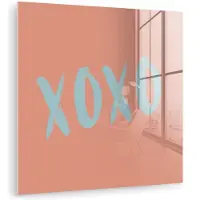MuchoWow Glasschilderij 20x20 cm - Schilderij acrylglas - XOXO - Blauw - Perzikkleur - Foto op glas - Muurdecoratie woonkamer - Wanddecoratie slaapkamer - Schilderijen