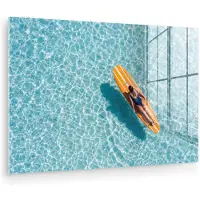 MuchoWow Glasschilderij 60x40 cm - Schilderij acrylglas - Surfboard - Water - Badpak - Oranje - Foto op glas - Muurdecoratie woonkamer - Wanddecoratie slaapkamer - Schilderijen