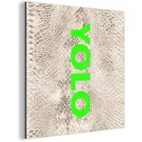 MuchoWow Aluminium schilderij 50x50 cm - Wanddecoratie metaal - YOLO - Groen - Neon - Slangenprnt - Metalen muurdecoratie woonkamer - Decoratie industrieel - Foto op dibond - Industriële accessoires slaapkamer