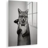 MuchoWow Glasschilderij 90x120 cm - Schilderij acrylglas - Vos - WC-ontstopper - Zwart - Wit - Foto op glas - Muurdecoratie woonkamer - Wanddecoratie slaapkamer - Schilderijen