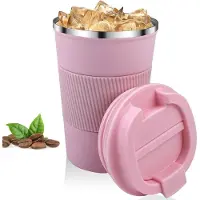 Famanu - Koffiemok, 380 ml, thermobeker voor koffie, lekvrij, gemaakt van 304 roestvrij staal, dubbelwandig geïsoleerd, autobeker, herbruikbare koffiebeker voor koffie, water en thee, roze