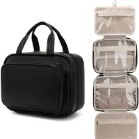 Famanu - Opknoping toilettas, reis make-up tas met grote capaciteit organizer voor vrouwen, toilettas voor mannen met doorzichtig venster, reisformaat accessoires, Zwart, Modern design