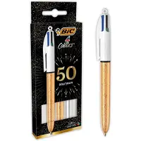 BIC 4 Kleuren Balpennen - Diverse Kleuren Huls - Goudkleurig met ijzig motief en Zilverkleurig - Pak van 3 stuks - Medium Punt 1 mm